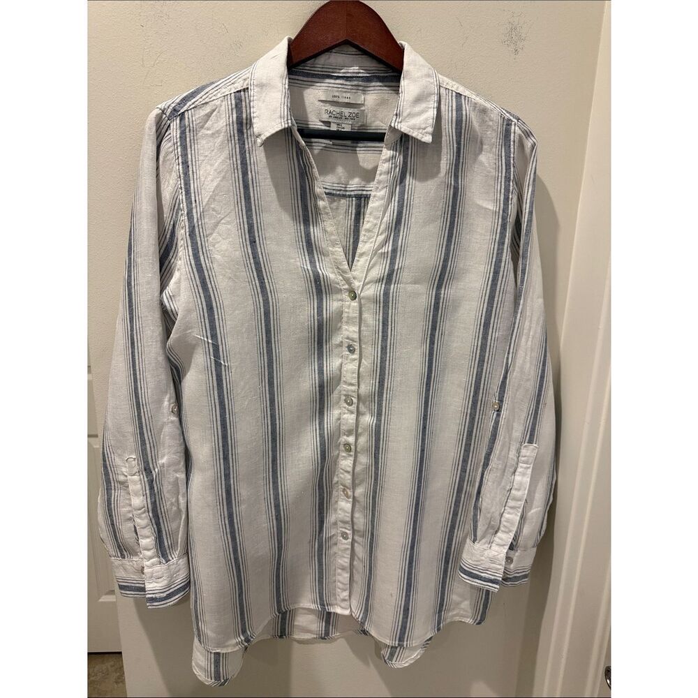 Rachel Zoe White and Blue Vertical Stripe Button-Up Shirt Linen long sleeve sz L
